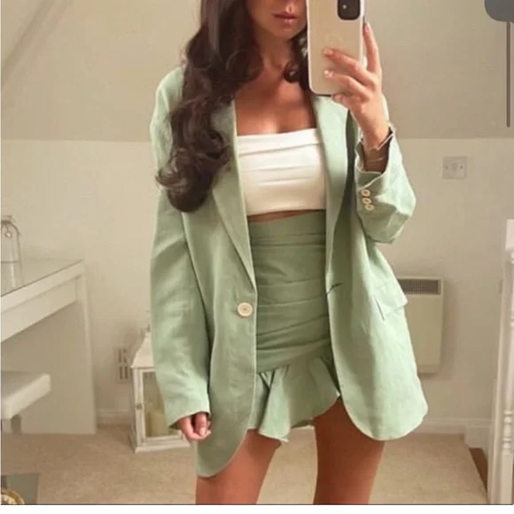 ZARA oversized Linen blend rustic Blazer suit jacket light Mint sage Green sz S - Picture 2 of 16